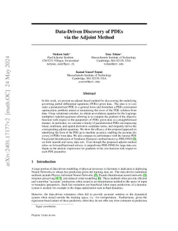 Data-Driven Discovery of PDEs via the Adjoint Method