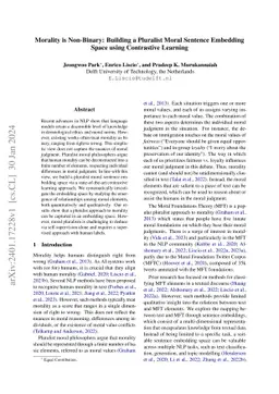 Morality is Non-Binary: Building a Pluralist Moral Sentence Embedding
  Space using Contrastive Learning