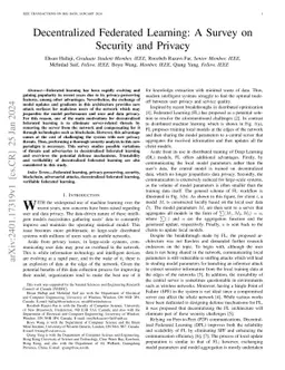 Decentralized Federated Learning: A Survey on Security and Privacy