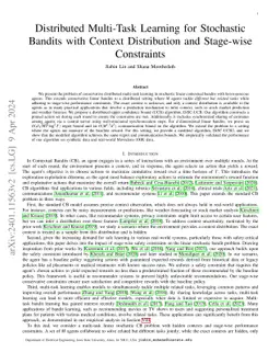 Distributed Multi-Task Learning for Stochastic Bandits with Context Distribution and Stage-wise Constraints