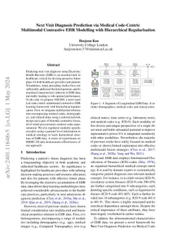 Next Visit Diagnosis Prediction via Medical Code-Centric Multimodal
  Contrastive EHR Modelling with Hierarchical Regularisation