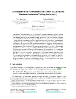 Considerations on Approaches and Metrics in Automated Theorem
  Generation/Finding in Geometry