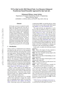 TCE at Qurán QA 2023 Shared Task: Low Resource Enhanced
  Transformer-based Ensemble Approach for Quránic QA