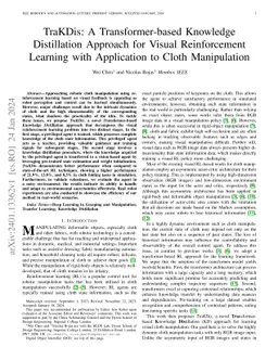 TraKDis: A Transformer-based Knowledge Distillation Approach for Visual
  Reinforcement Learning with Application to Cloth Manipulation
