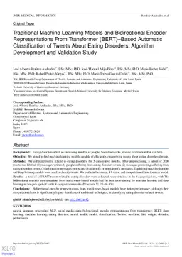 Traditional Machine Learning Models and Bidirectional Encoder
  Representations From Transformer (BERT)-Based Automatic Classification of
  Tweets About Eating Disorders: Algorithm Development and Validation Study