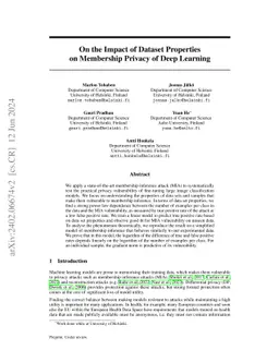 Impact of Dataset Properties on Membership Inference Vulnerability of Deep Transfer Learning