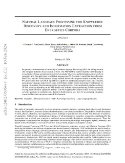 NLP for Knowledge Discovery and Information Extraction from Energetics
  Corpora