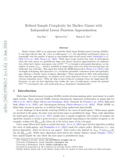 Refined Sample Complexity for Markov Games with Independent Linear
  Function Approximation