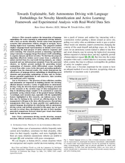 Towards Explainable, Safe Autonomous Driving with Language Embeddings
  for Novelty Identification and Active Learning: Framework and Experimental
  Analysis with Real-World Data Sets