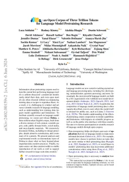 Dolma: an Open Corpus of Three Trillion Tokens for Language Model
  Pretraining Research