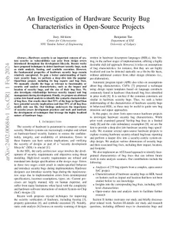 An Investigation of Hardware Security Bug Characteristics in Open-Source
  Projects