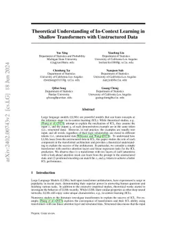 Theoretical Understanding of In-Context Learning in Shallow Transformers
  with Unstructured Data