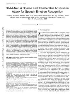 STAA-Net: A Sparse and Transferable Adversarial Attack for Speech
  Emotion Recognition