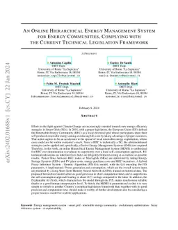 An Online Hierarchical Energy Management System for Energy Communities,
  Complying with the Current Technical Legislation Framework
