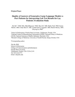 Quality of Answers of Generative Large Language Models vs Peer Patients
  for Interpreting Lab Test Results for Lay Patients: Evaluation Study
