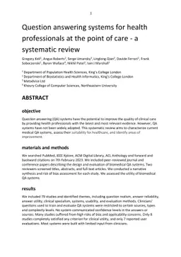 Question answering systems for health professionals at the point of care
  -- a systematic review