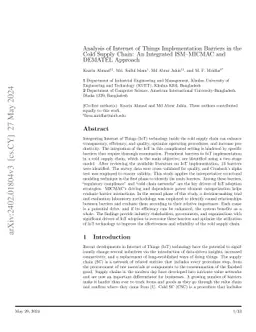 Analysis of Internet of Things Implementation Barriers in the Cold
  Supply Chain: An Integrated ISM-MICMAC and DEMATEL Approach