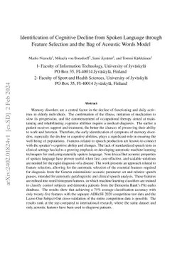 Identification of Cognitive Decline from Spoken Language through Feature
  Selection and the Bag of Acoustic Words Model
