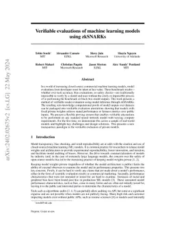 Verifiable evaluations of machine learning models using zkSNARKs