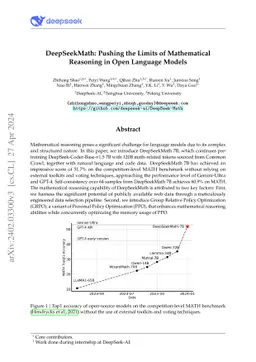 DeepSeekMath: Pushing the Limits of Mathematical Reasoning in Open
  Language Models