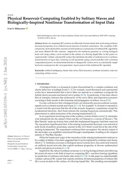 Physical Reservoir Computing Enabled by Solitary Waves and
  Biologically-Inspired Nonlinear Transformation of Input Data