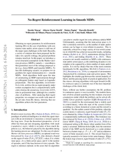 No-Regret Reinforcement Learning in Smooth MDPs