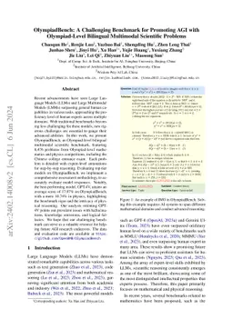 OlympiadBench: A Challenging Benchmark for Promoting AGI with
  Olympiad-Level Bilingual Multimodal Scientific Problems