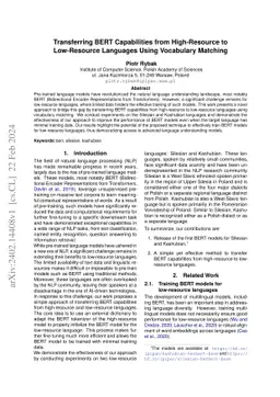 Transferring BERT Capabilities from High-Resource to Low-Resource
  Languages Using Vocabulary Matching