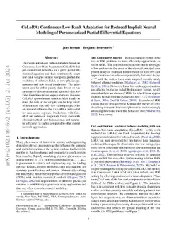 CoLoRA: Continuous low-rank adaptation for reduced implicit neural
  modeling of parameterized partial differential equations