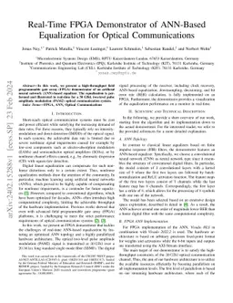 Real-Time FPGA Demonstrator of ANN-Based Equalization for Optical
  Communications