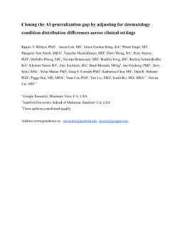 Closing the AI generalization gap by adjusting for dermatology condition
  distribution differences across clinical settings