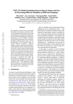 TMT: Tri-Modal Translation between Speech, Image, and Text by Processing Different Modalities as Different Languages