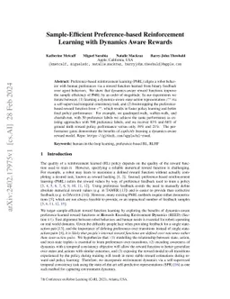 Sample-Efficient Preference-based Reinforcement Learning with Dynamics
  Aware Rewards