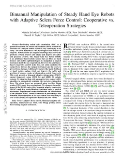 Bimanual Manipulation of Steady Hand Eye Robots with Adaptive Sclera
  Force Control: Cooperative vs. Teleoperation Strategies