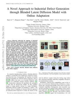A Novel Approach to Industrial Defect Generation through Blended Latent
  Diffusion Model with Online Adaptation