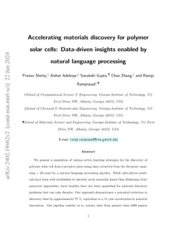 Accelerating materials discovery for polymer solar cells: Data-driven
  insights enabled by natural language processing