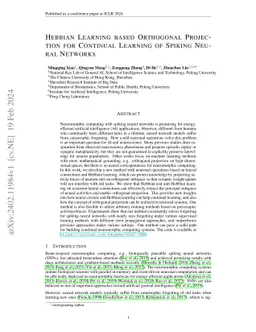 Hebbian Learning based Orthogonal Projection for Continual Learning of
  Spiking Neural Networks