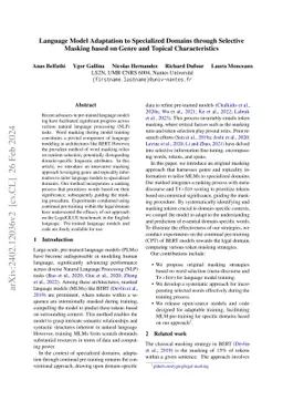 Language Model Adaptation to Specialized Domains through Selective
  Masking based on Genre and Topical Characteristics