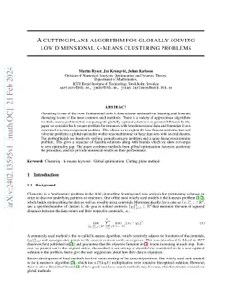 A cutting plane algorithm for globally solving low dimensional k-means
  clustering problems