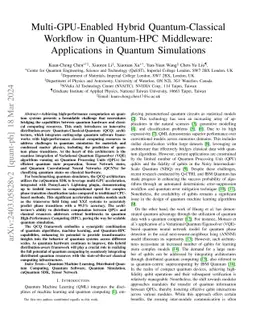 Multi-GPU-Enabled Hybrid Quantum-Classical Workflow in Quantum-HPC
  Middleware: Applications in Quantum Simulations