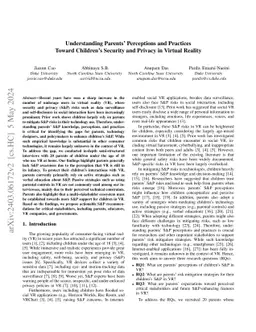 Understanding Parents' Perceptions and Practices Toward Children's
  Security and Privacy in Virtual Reality