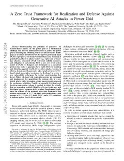 A Zero Trust Framework for Realization and Defense Against Generative AI
  Attacks in Power Grid