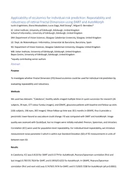 Applicability of oculomics for individual risk prediction: Repeatability
  and robustness of retinal Fractal Dimension using DART and AutoMorph