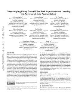 Disentangling Policy from Offline Task Representation Learning via
  Adversarial Data Augmentation