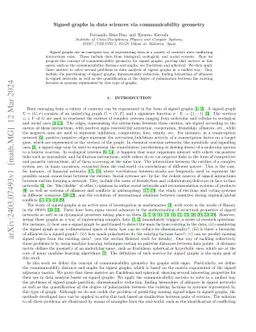 Signed graphs in data sciences via communicability geometry