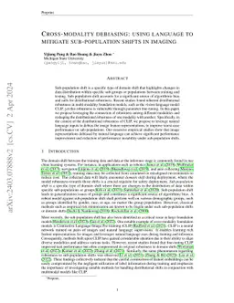 Cross-modality debiasing: using language to mitigate sub-population
  shifts in imaging