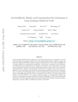 LiveCodeBench: Holistic and Contamination Free Evaluation of Large
  Language Models for Code