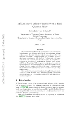 51% Attack via Difficulty Increase with a Small Quantum Miner