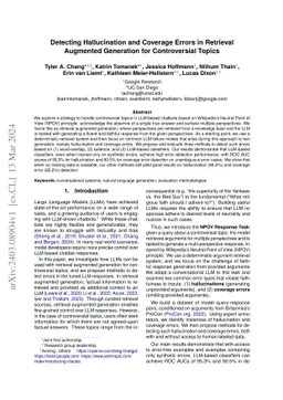 Detecting Hallucination and Coverage Errors in Retrieval Augmented
  Generation for Controversial Topics