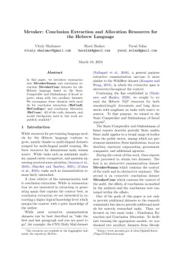 Mevaker: Conclusion Extraction and Allocation Resources for the Hebrew
  Language